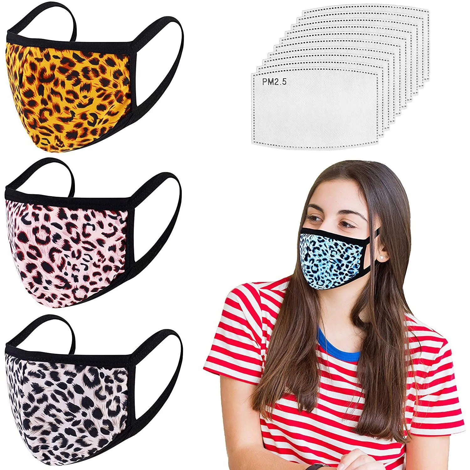 3-Pack: Adult Cotton Reusable Face Masks with 10 Filters