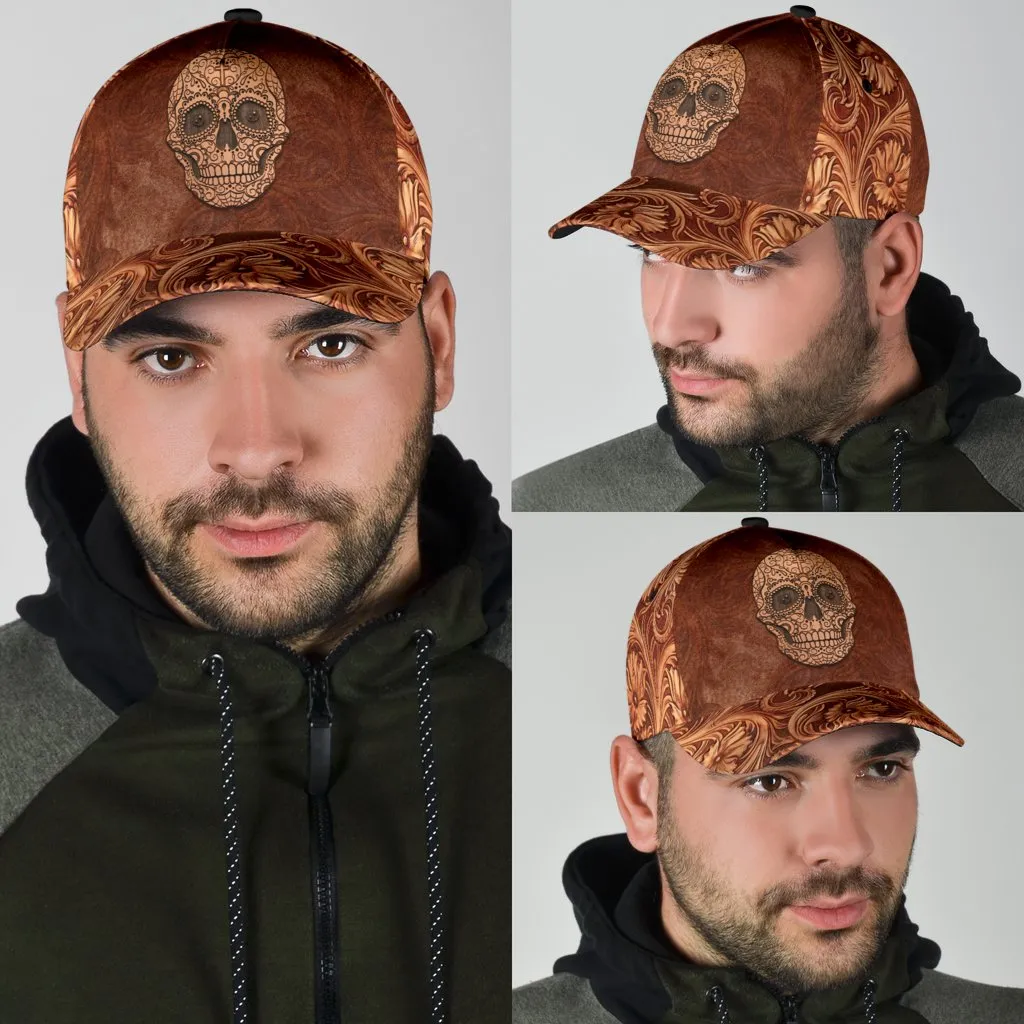 3D Skull Classic Cap Hat Brown Leather Pattern Skull On Cap Hat For Him Her