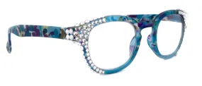 Autumn, (Bling) Reading Glasses For Women Adorned w (Clear) Genuine European Crystals wide Round Frame (Blue, Purple Floral) NY Fifth Avenue