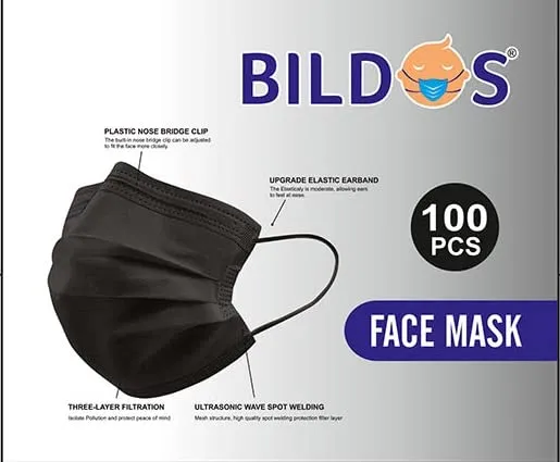 Bildos® Non-Woven Fabric 3 Layer Disposable Face Mask With Nose Clip (Black) For Men & Women (100)