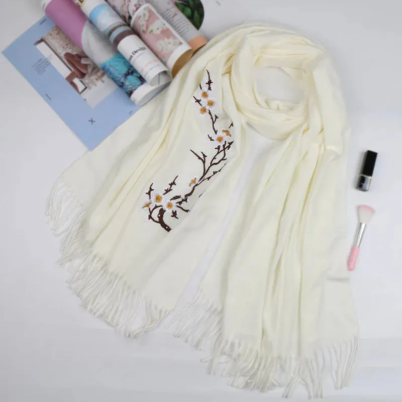 Cashmere Winter Flower Pashmina Shawl with Tassels