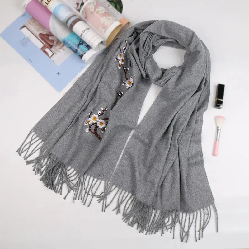 Cashmere Winter Flower Pashmina Shawl with Tassels