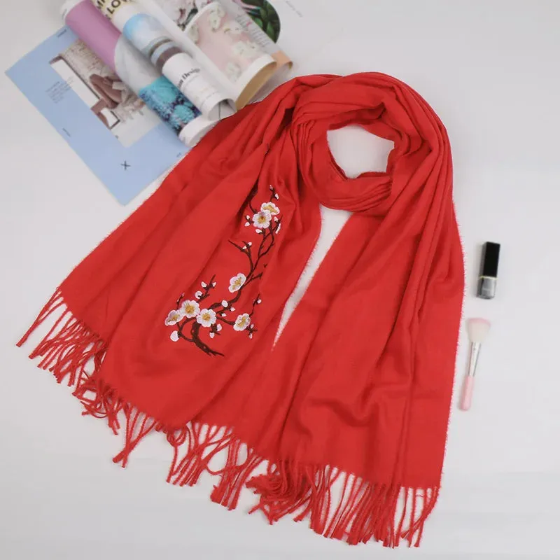 Cashmere Winter Flower Pashmina Shawl with Tassels