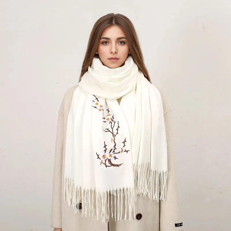 Cashmere Winter Flower Pashmina Shawl with Tassels