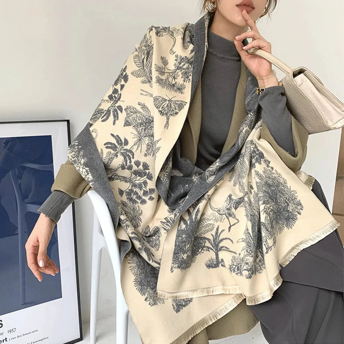 Design Cashmere Floral Print Warmer Winter Thick Blanket Wraps Foulard Scarf