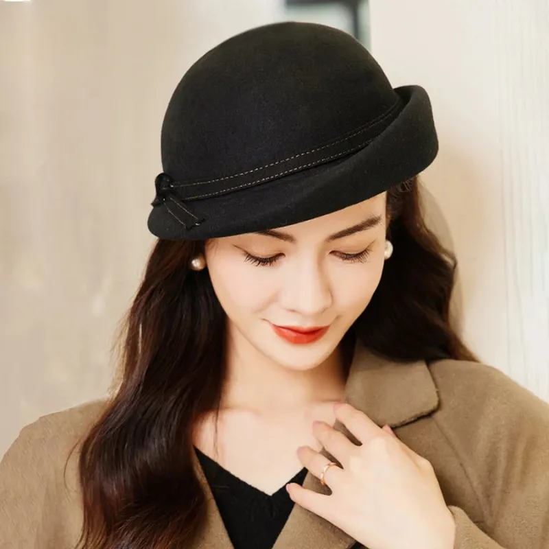 Elegant Vintage Wool Fedora Winter Women Cap Floppy Warped Edge Beret