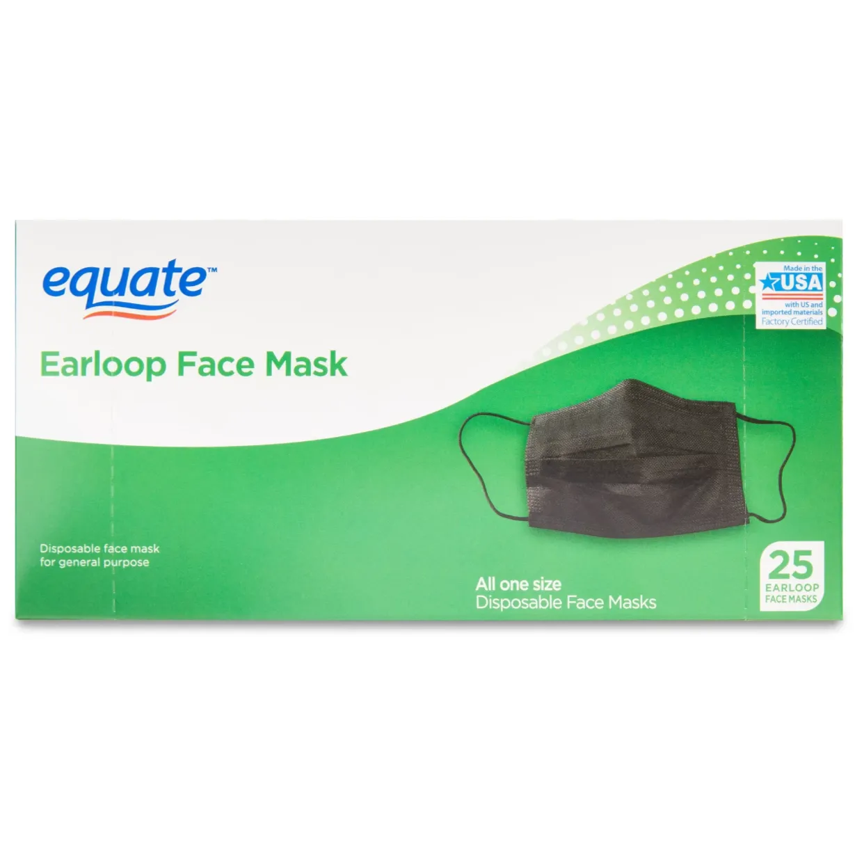 Equate Earloop Disposable Face Masks, Black, 25 Count