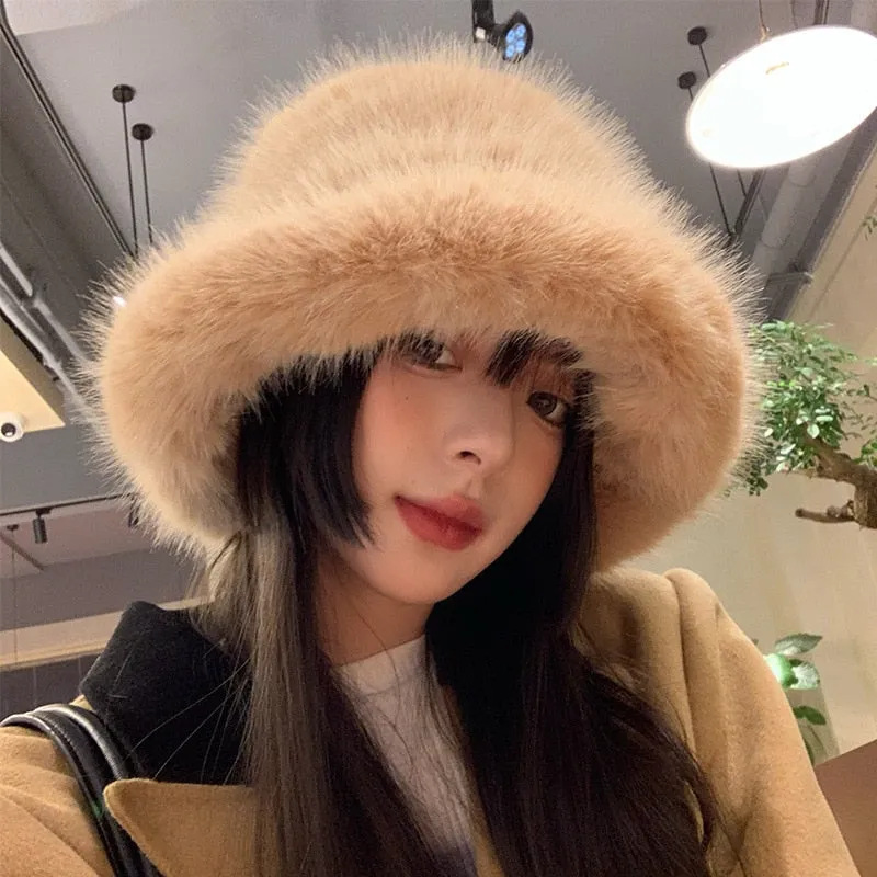 Fluffy Faux Fur Winter Bucket Hats for Women