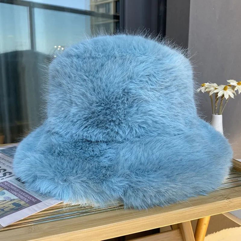 Fluffy Faux Fur Winter Bucket Hats for Women