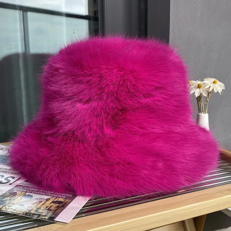 Fluffy Faux Fur Winter Bucket Hats for Women