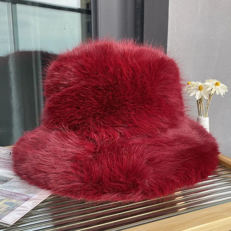 Fluffy Faux Fur Winter Bucket Hats for Women