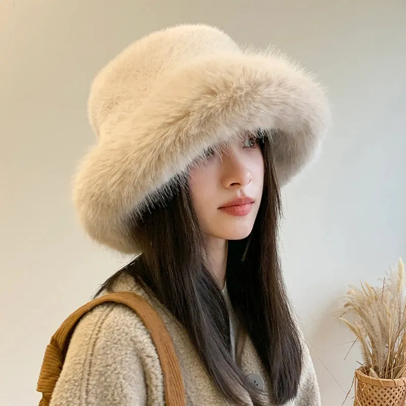 Fluffy Faux Fur Winter Bucket Hats for Women