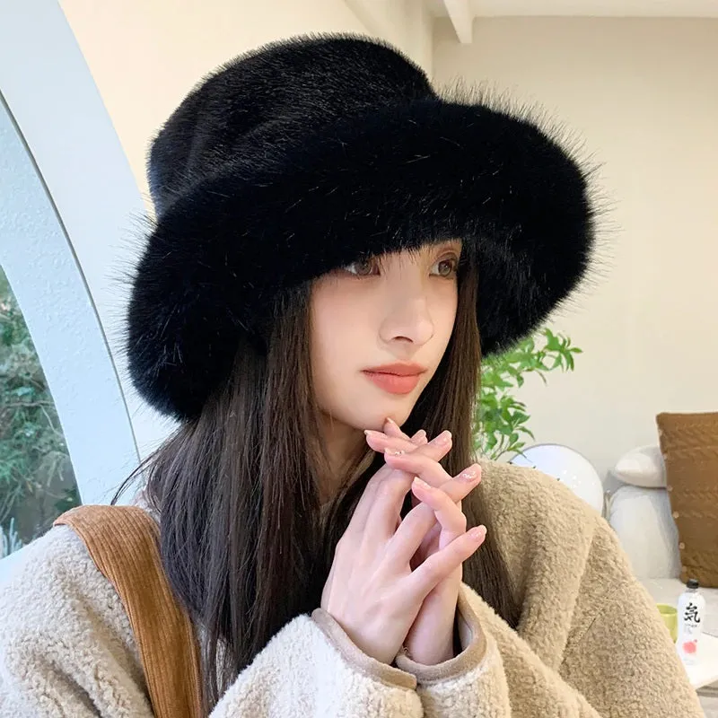 Fluffy Faux Fur Winter Bucket Hats for Women