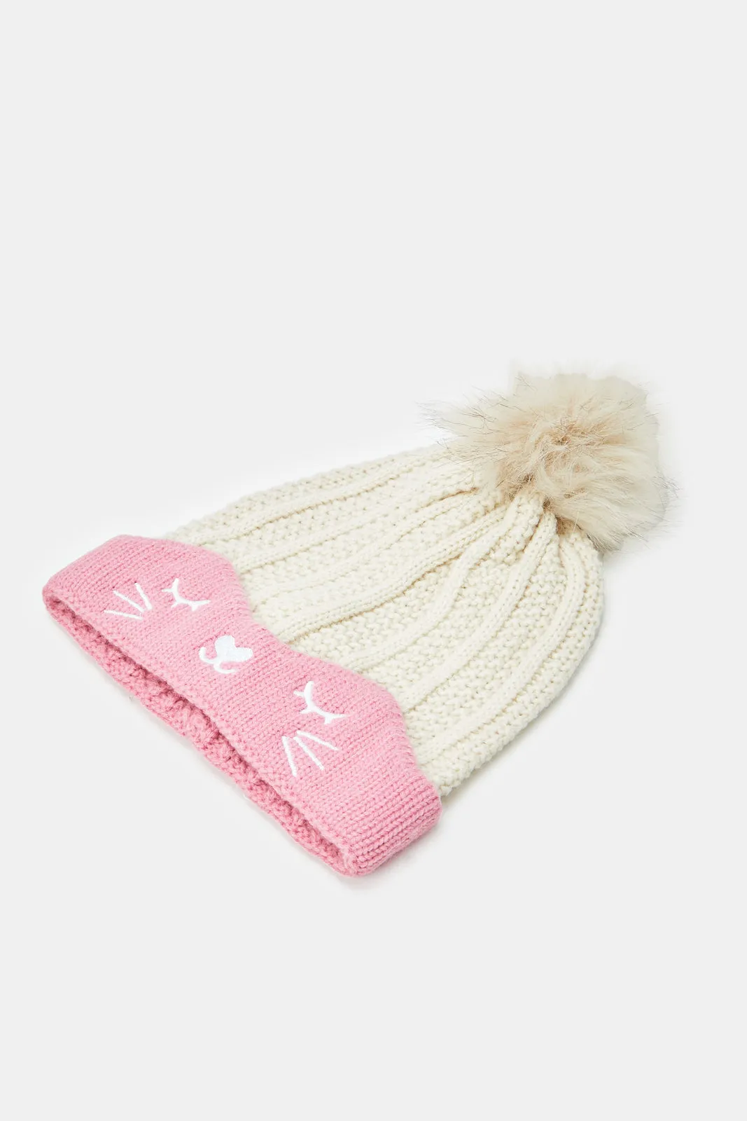 Girls Pink And Beige Embellished Knitted Cap Set (Pack of 2)