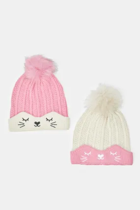 Girls Pink And Beige Embellished Knitted Cap Set (Pack of 2)