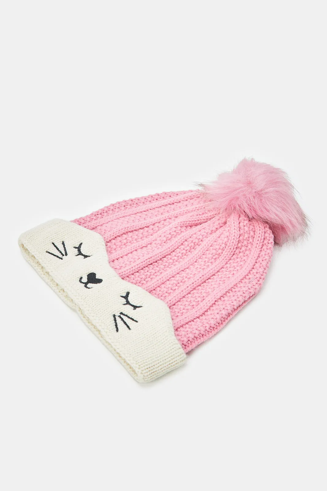 Girls Pink And Beige Embellished Knitted Cap Set (Pack of 2)