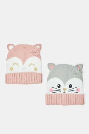 Girls Pink And Grey Knitted Cap Set (Pack of 2)