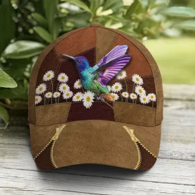 Hummingbird Daisy Flower Leather Style Baseball Cap Coolspod