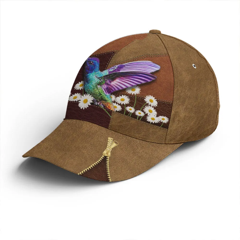 Hummingbird Daisy Flower Leather Style Baseball Cap Coolspod