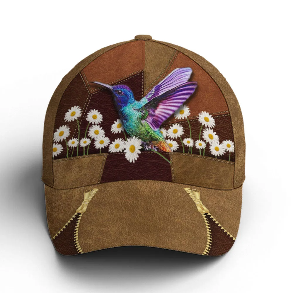 Hummingbird Daisy Flower Leather Style Baseball Cap Coolspod