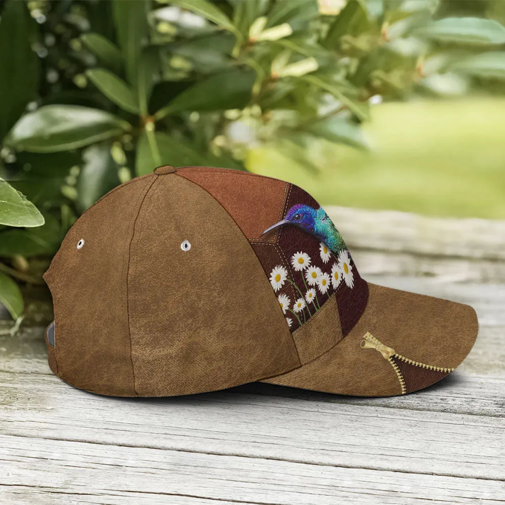 Hummingbird Daisy Flower Leather Style Baseball Cap Coolspod