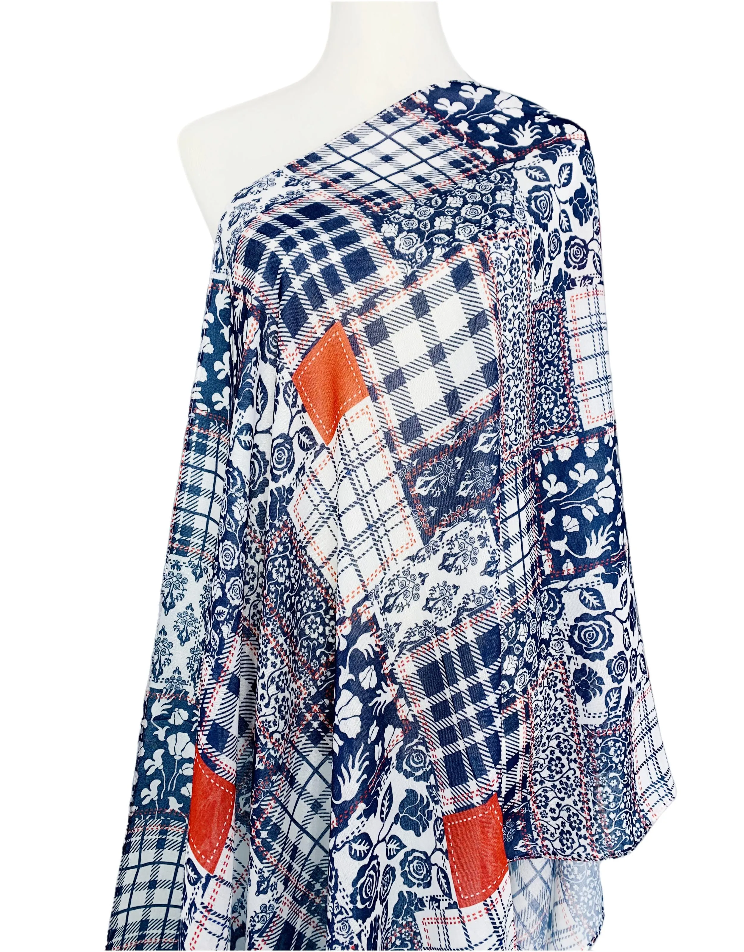 JC071128 White-Navy Plaid Patchwork Scarf