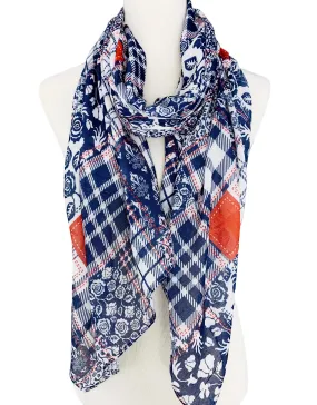 JC071128 White-Navy Plaid Patchwork Scarf