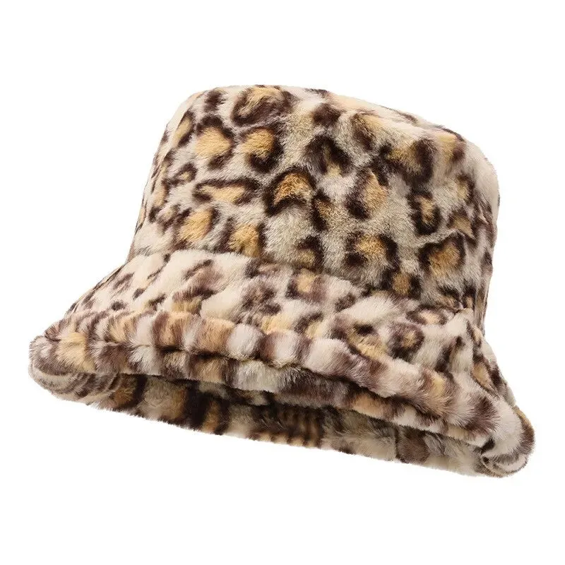 Leopard Print Fisherman Hat Plush Bucket Hat