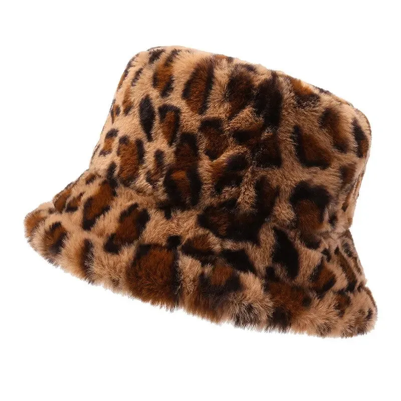 Leopard Print Fisherman Hat Plush Bucket Hat