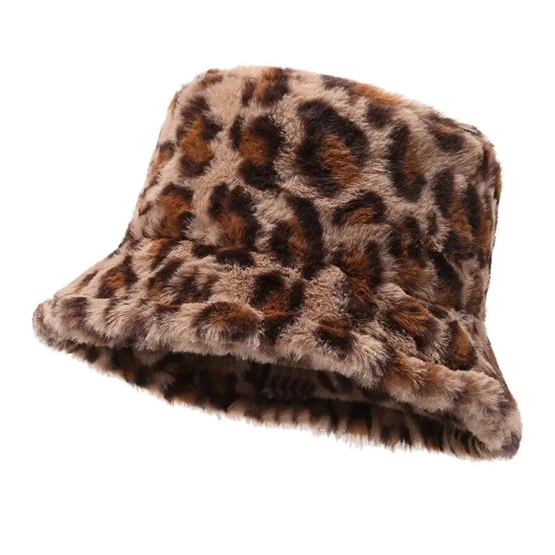 Leopard Print Fisherman Hat Plush Bucket Hat