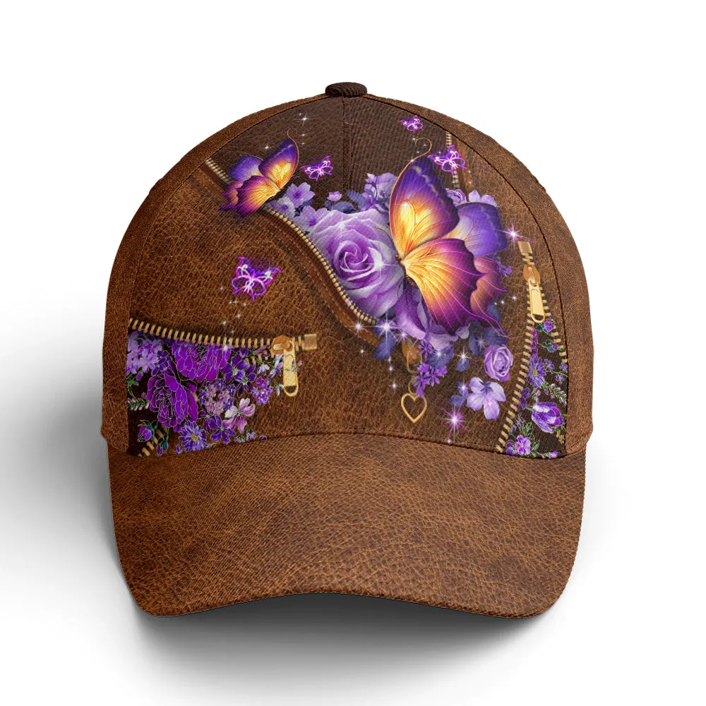 Magical Butterfly Purple Roses Leather Style Baseball Cap Coolspod