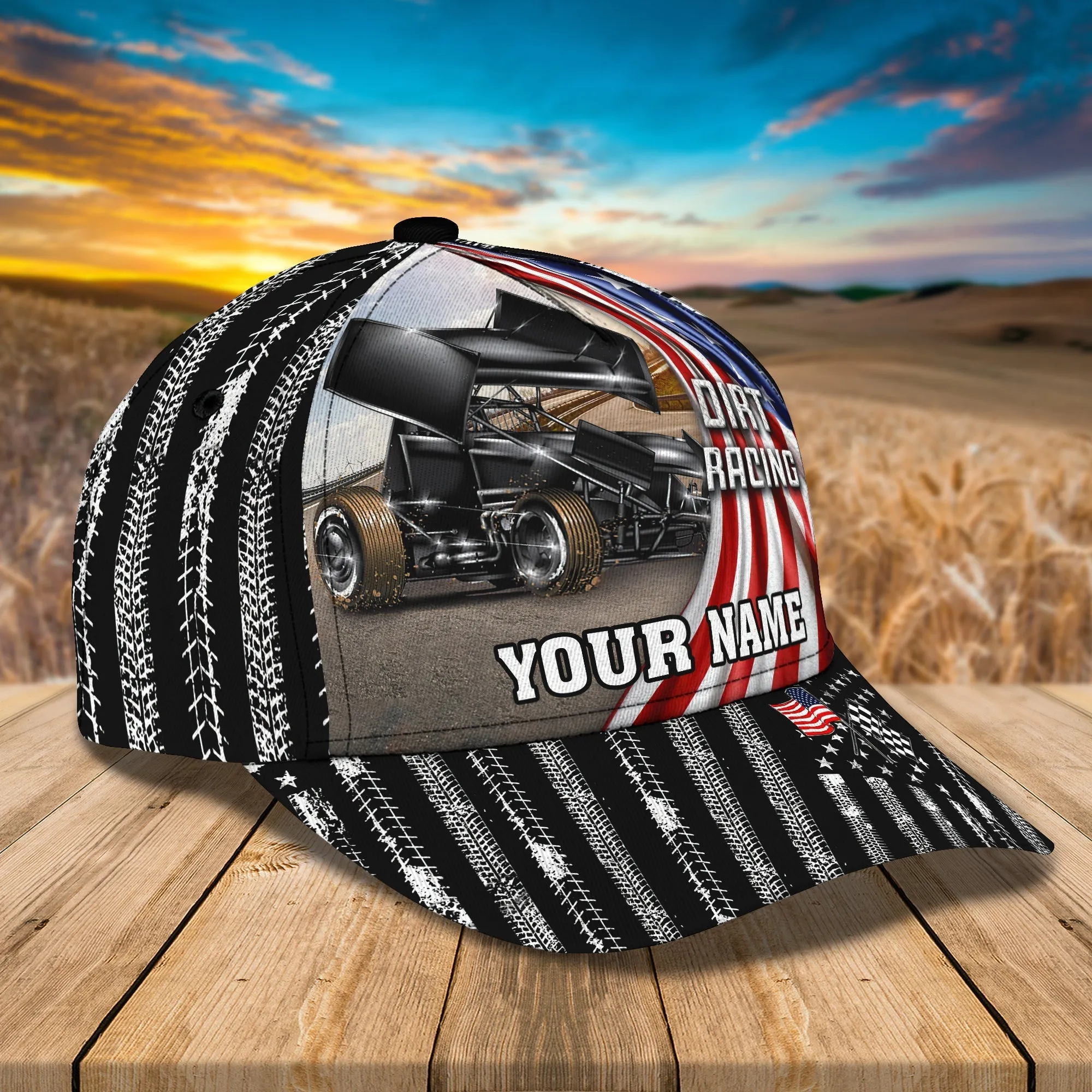 Personalized With Name Dirt Racing 3D Classic Cap Hat, Racing In Usa Flag Baseball Cap Hat