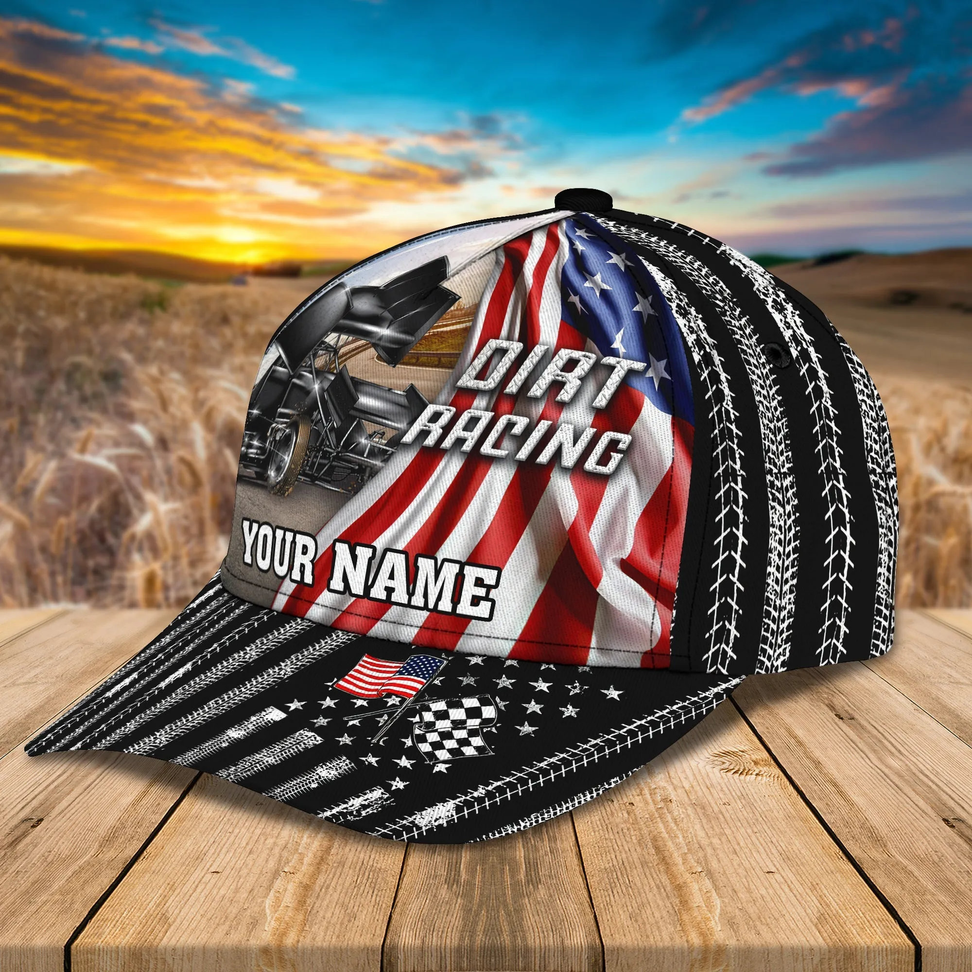 Personalized With Name Dirt Racing 3D Classic Cap Hat, Racing In Usa Flag Baseball Cap Hat