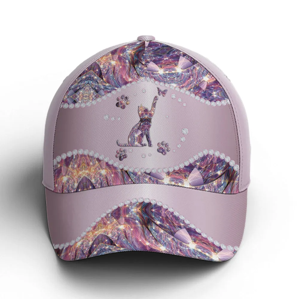 Purple Metallic Style Cat And Butterflies Baseball Cap Coolspod