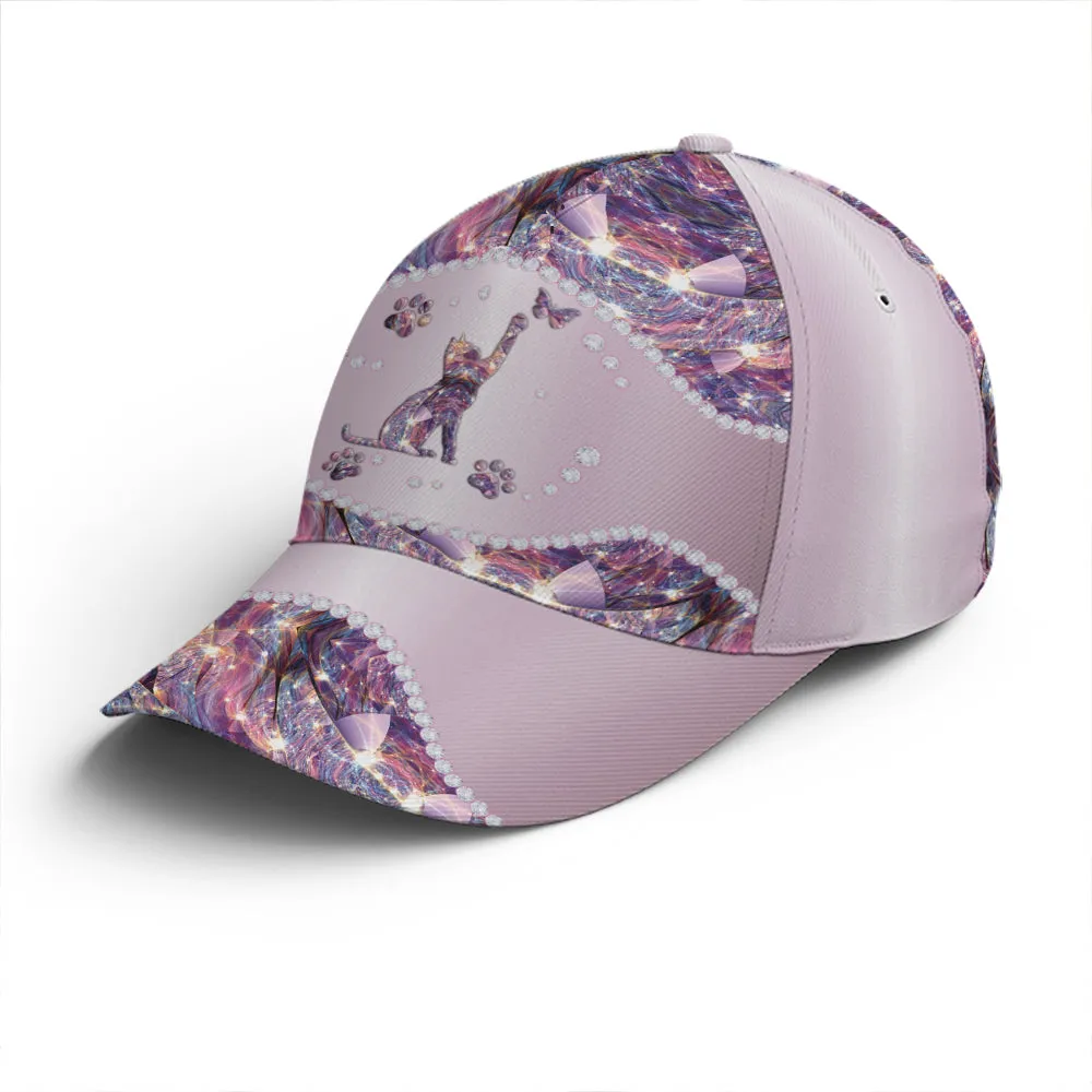 Purple Metallic Style Cat And Butterflies Baseball Cap Coolspod