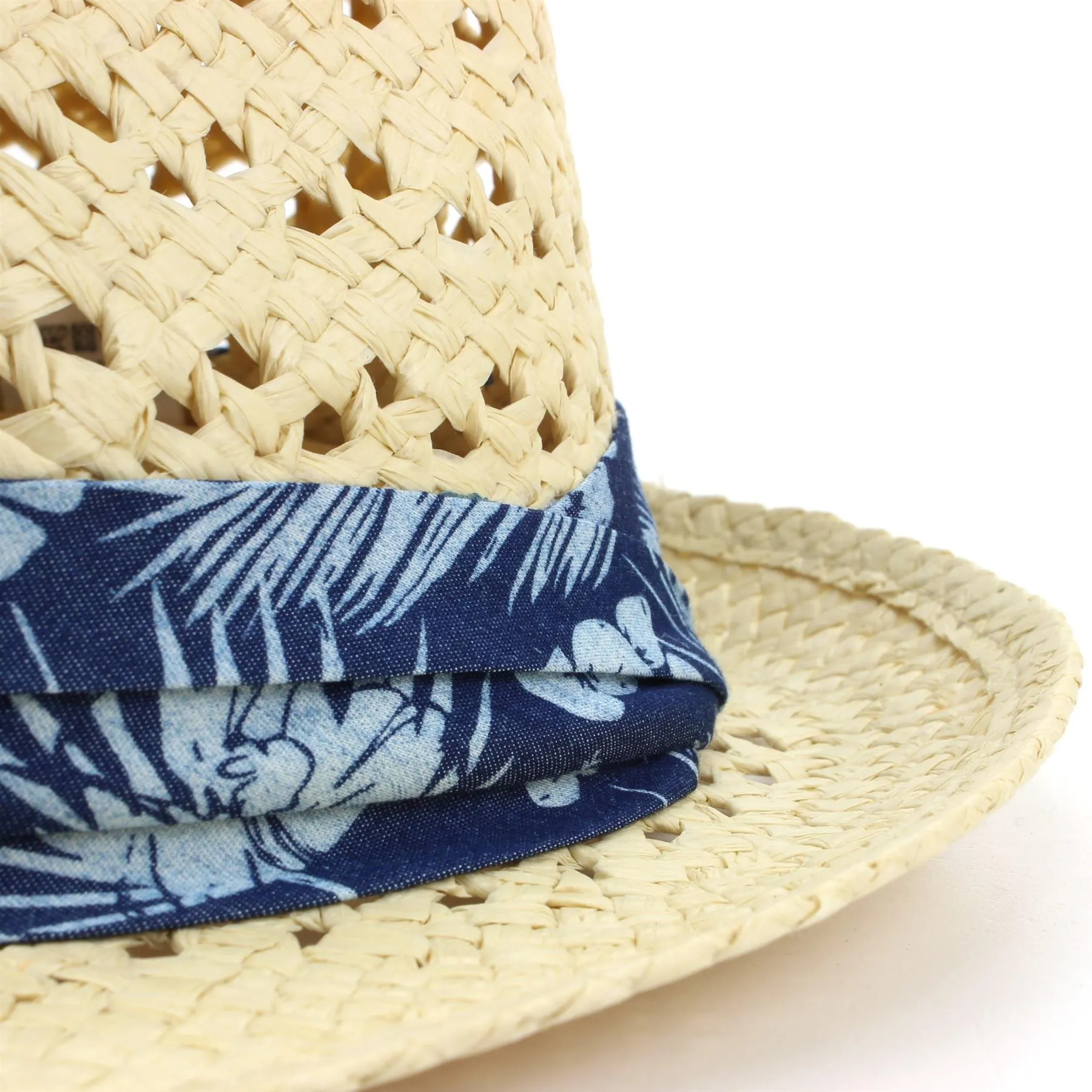 Straw Trilby Fedora Hat with Hibiscus Floral Band - Natural