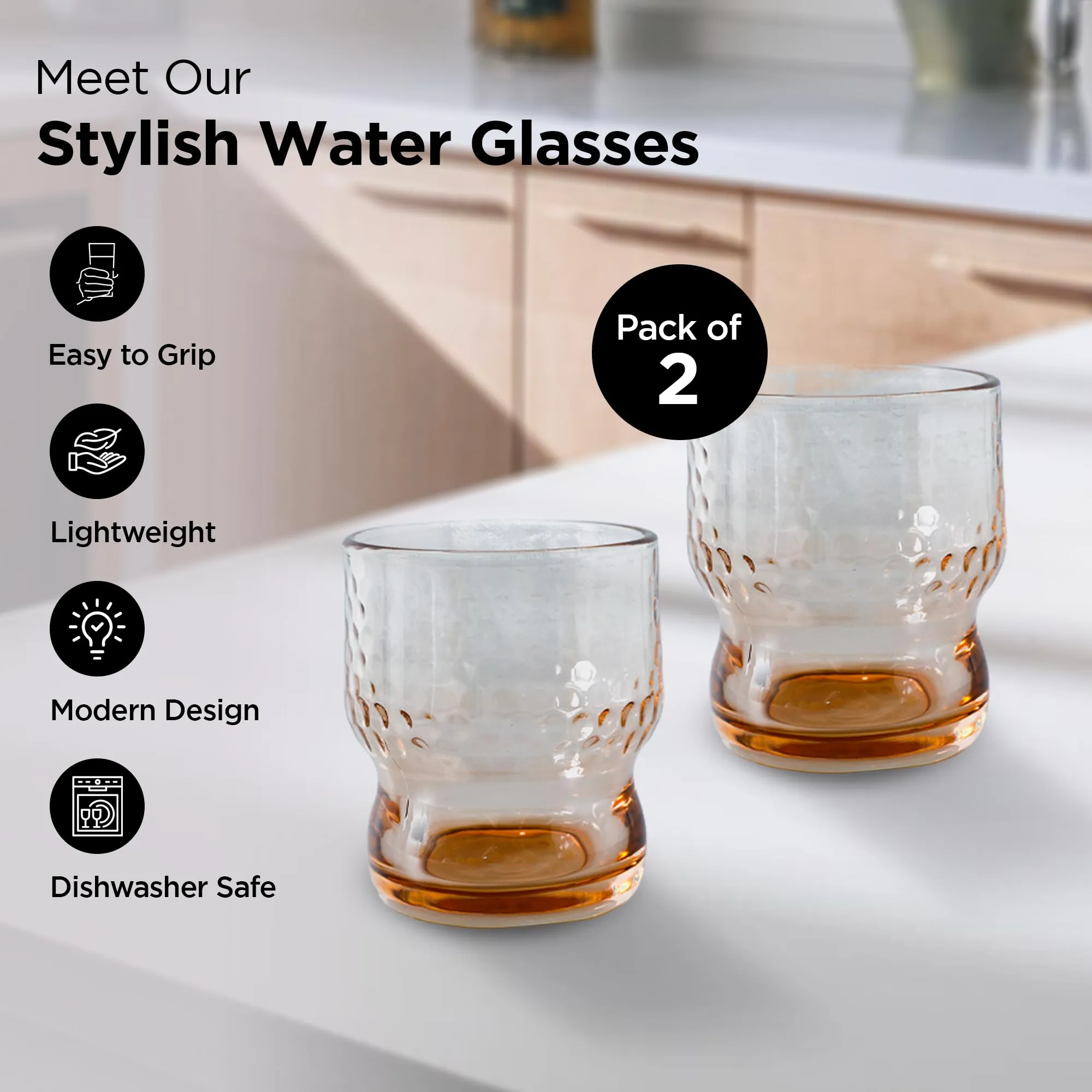 UMAI Water Glasses Set of 2 (300ml Each) | Juice Glasses | Lead Free Drinking Glasses |Cold Drink Glass | Cocktail Glass | Kaanch Ke Glass | Housewarming Gifts | Gift for Men (Amber)