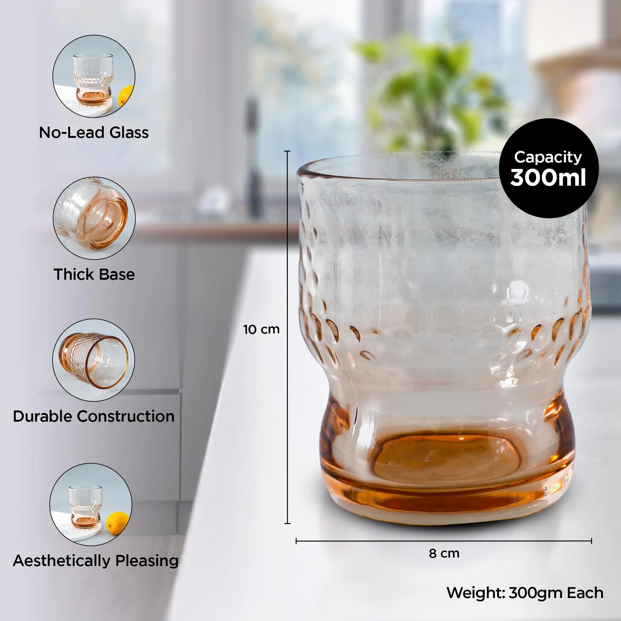 UMAI Water Glasses Set of 2 (300ml Each) | Juice Glasses | Lead Free Drinking Glasses |Cold Drink Glass | Cocktail Glass | Kaanch Ke Glass | Housewarming Gifts | Gift for Men (Amber)