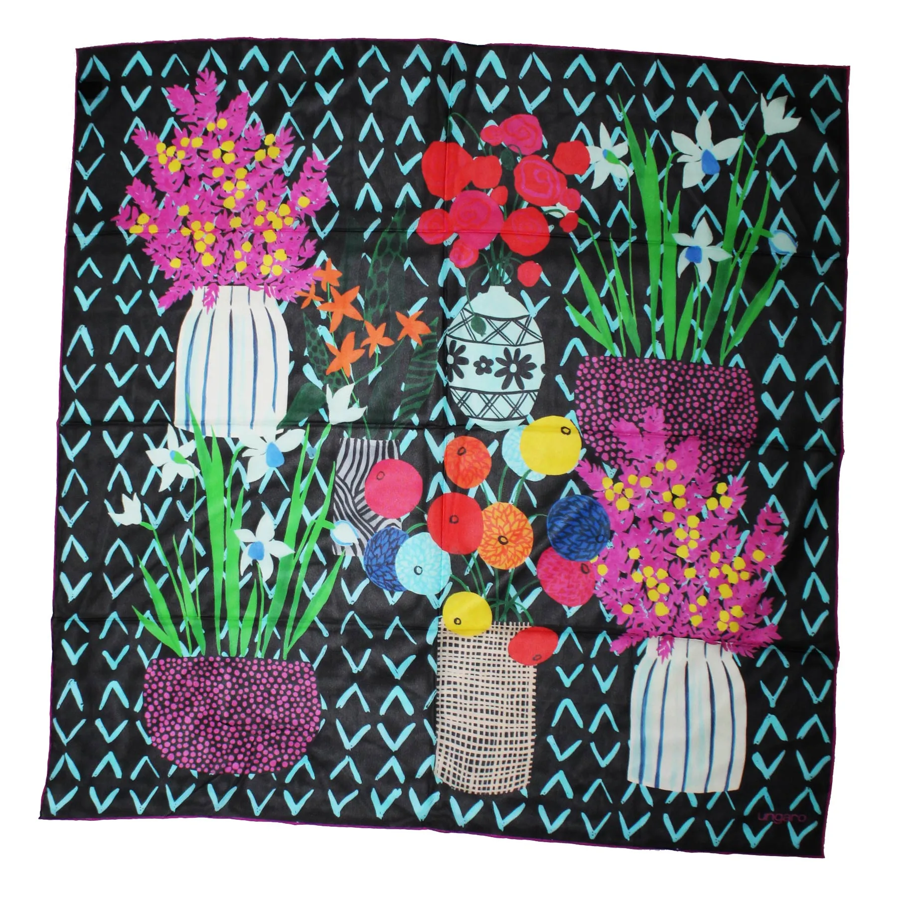 Ungaro Scarf Black Floral - Chiffon Silk Square Foulard